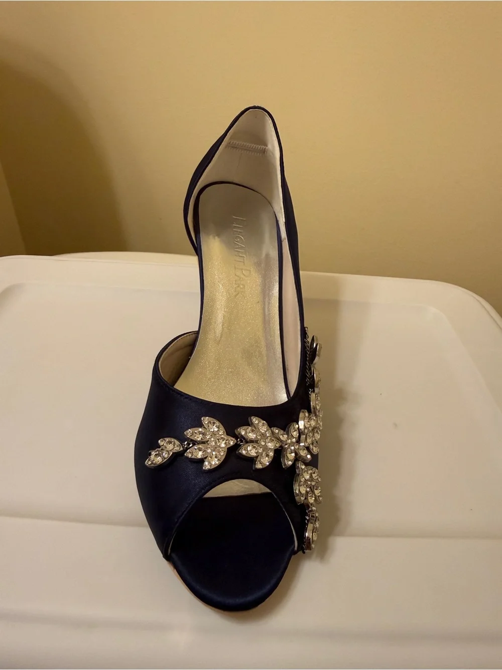Sz 7 Sapphire Blue Satin Peep-Toe Heel with Crystal Leaf Embellishment